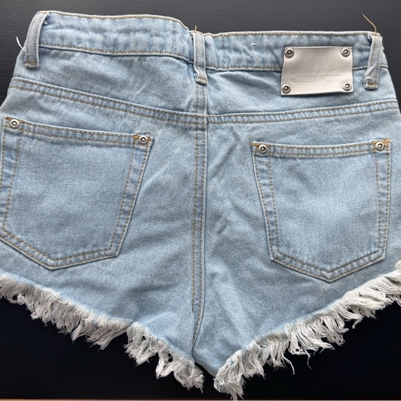BOOGOO HIGH WAIST FRAY HEM FLOATY JEAN SHORTS Light Blue Frayed Denim Shorts - Picture 2 of 7